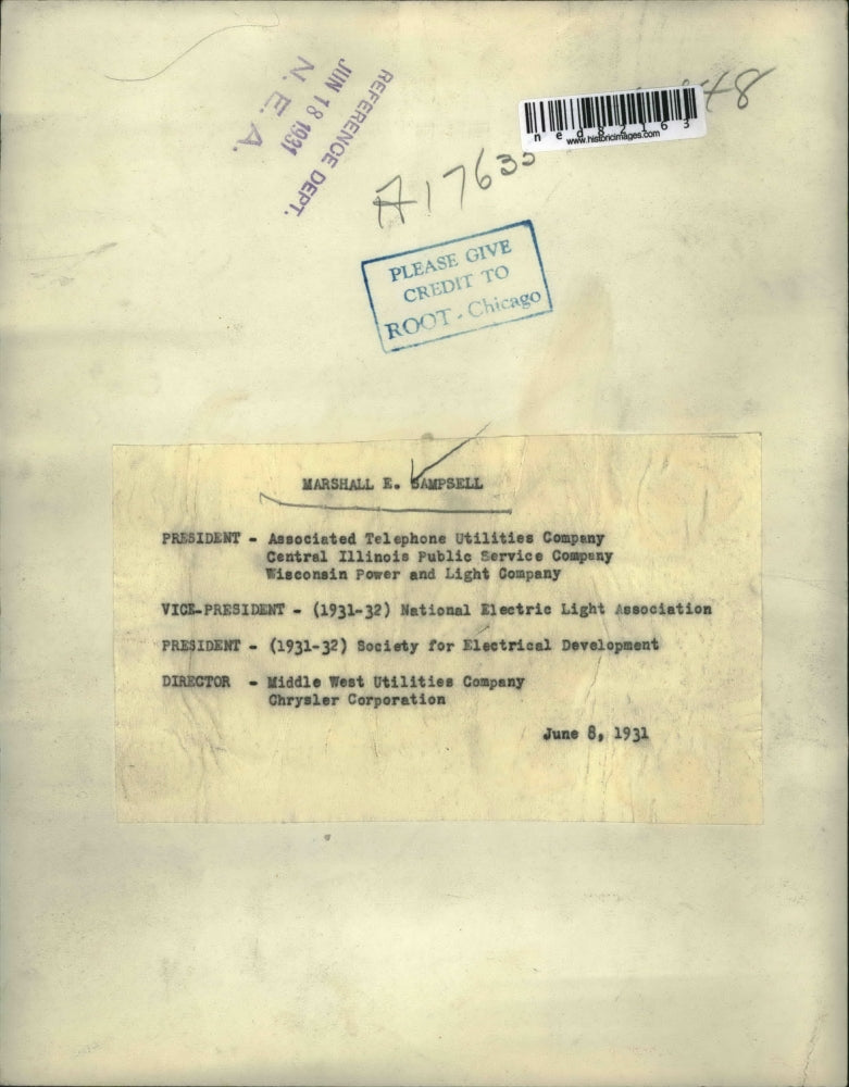 1931 Press Photo Marshall Sampsell, Associated Telephone Utilities Co. president