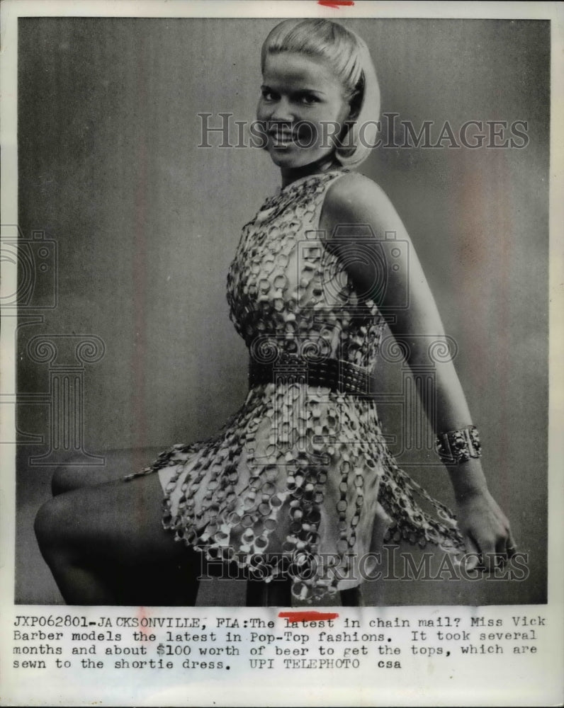 1957 Press Photo Miss Vick Barbels with the latest in Pop Top fashion