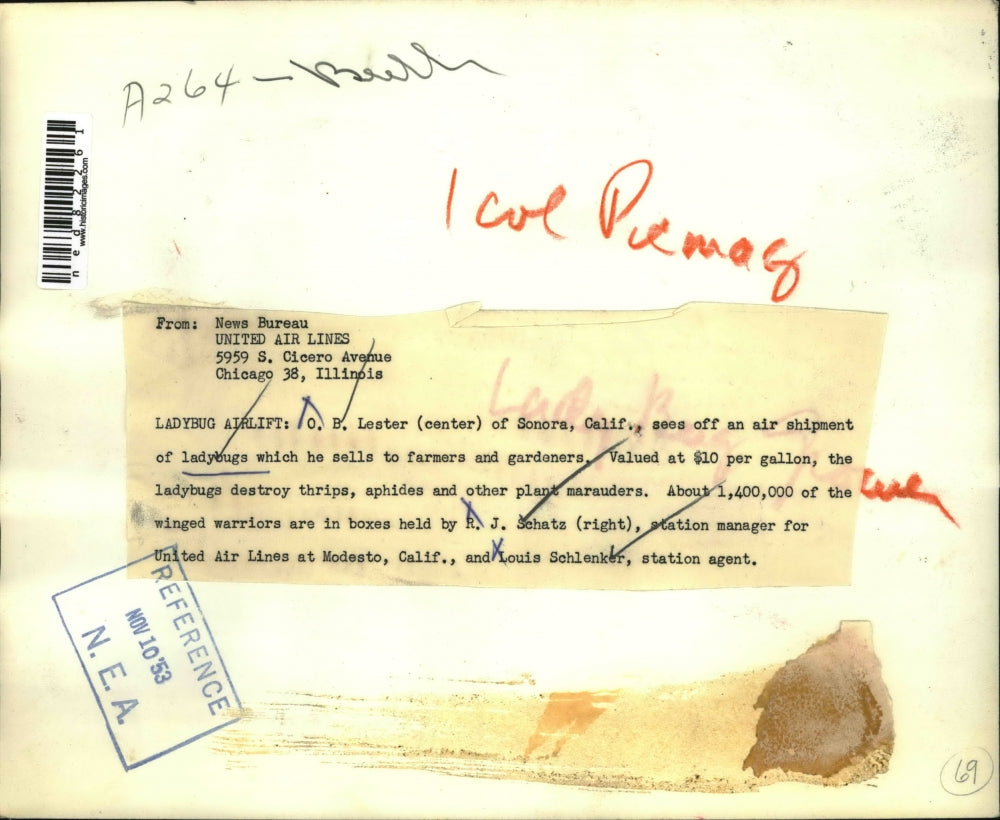 1953 Press Photo OB Lester sees off a shipment of ladybugs sold to farmers