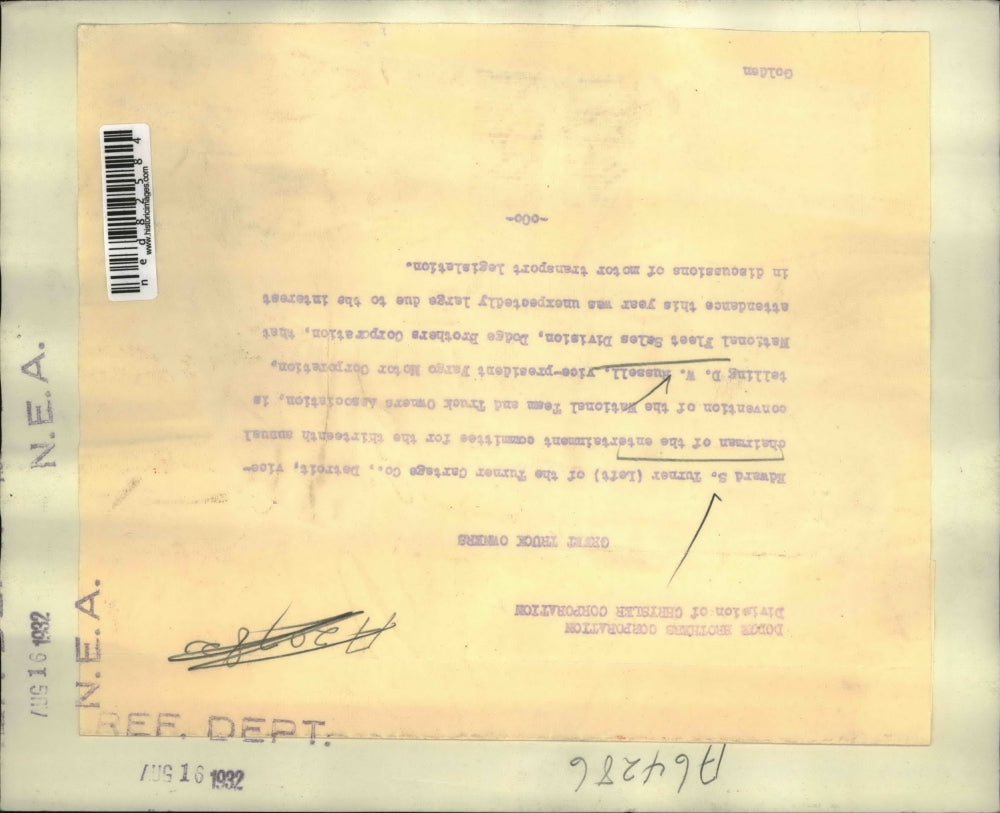 1932 Press Photo Edward Turner Cartage Co of Detroit, DW Russell Fargo Motor Co