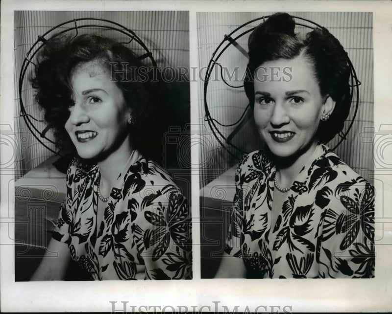 Load image into Gallery viewer, 1946 Press Photo Ruth Gilgis Demonstrates Coiffure to Withstand Wind in Chicago
