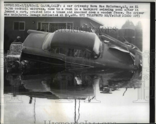 1963 Press Photo El Cajon a car drven by Neva Mae McCormac came to rest in a