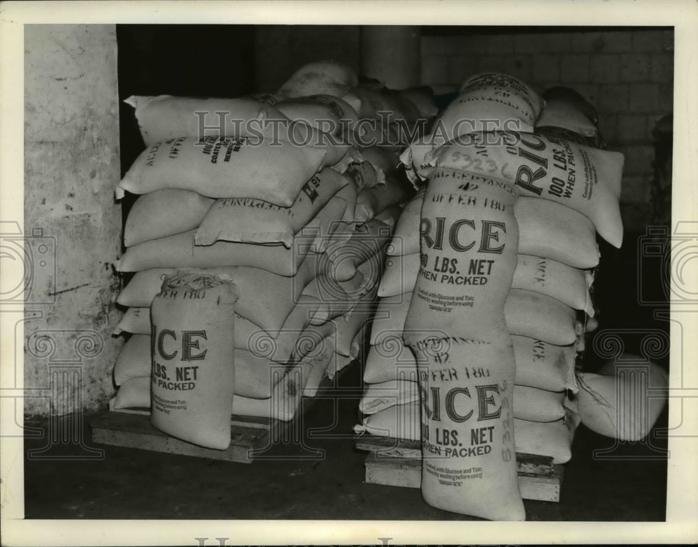 1938 Press Photo The sacks of rice for the relief distribution