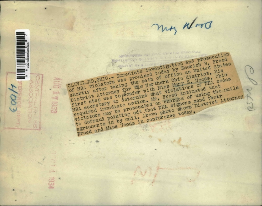1933 Press Photo D.A. Emerich B. Freed, Ohio NRA Secretary Mary E. Woods