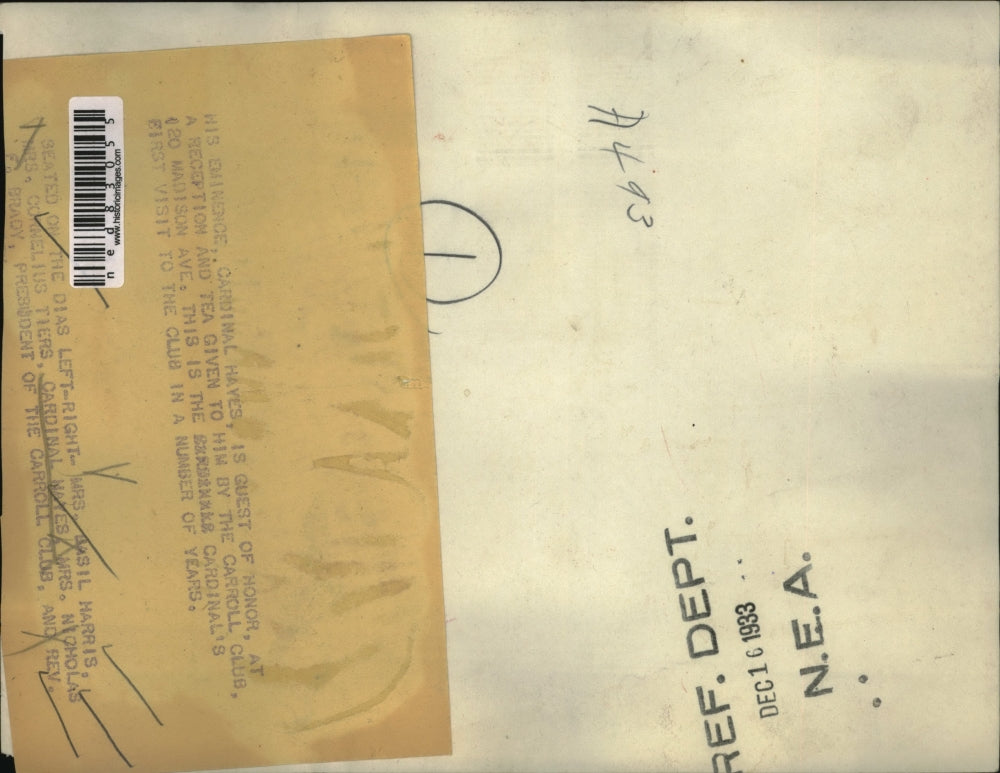 1933 Press Photo His Eminence, Cardinal Hayes is guest of honor at a reception