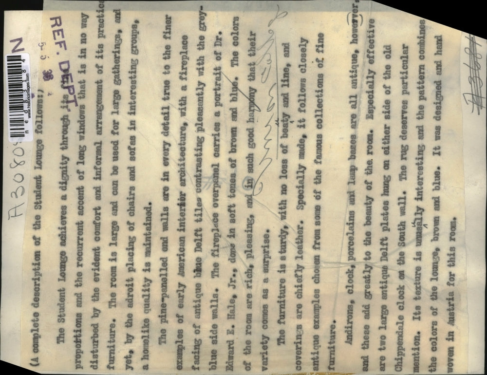 1936 Press Photo Union College Student Lodge Decor & Furniture