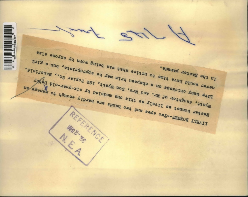 1958 Press Photo Debby Wyatt models hat with baby chicks on it