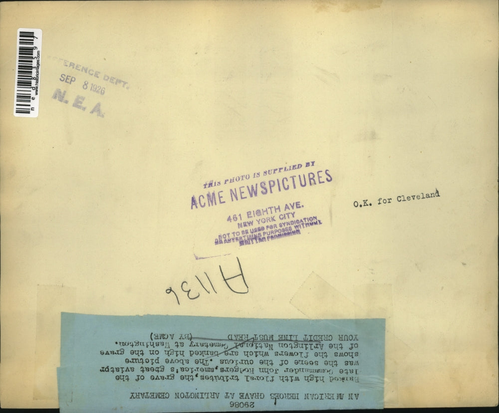 1926 Press Photo American Heroes Grave at Arlington National Cemetery