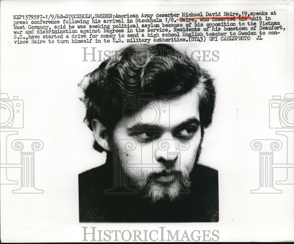 1968 Press Photo Army deserter Michael David Haire at press conference in Sweden