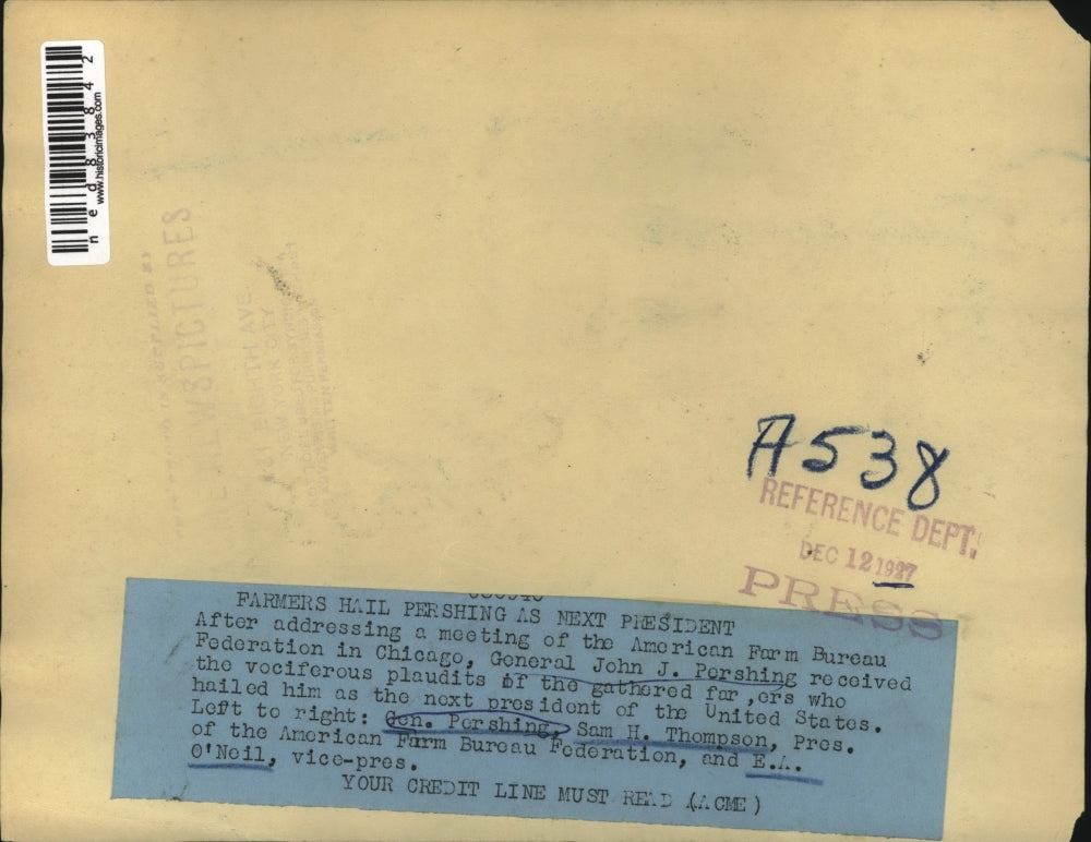 1927 Press Photo Gen John Pershing, Farm Bureau exec Sam Thompson & EA O'Neil