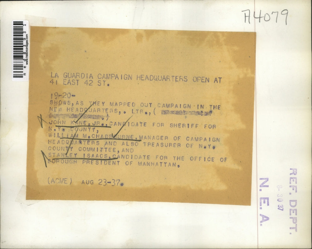 1937 Press Photo Planning Campaign in La Guardia Headquarters