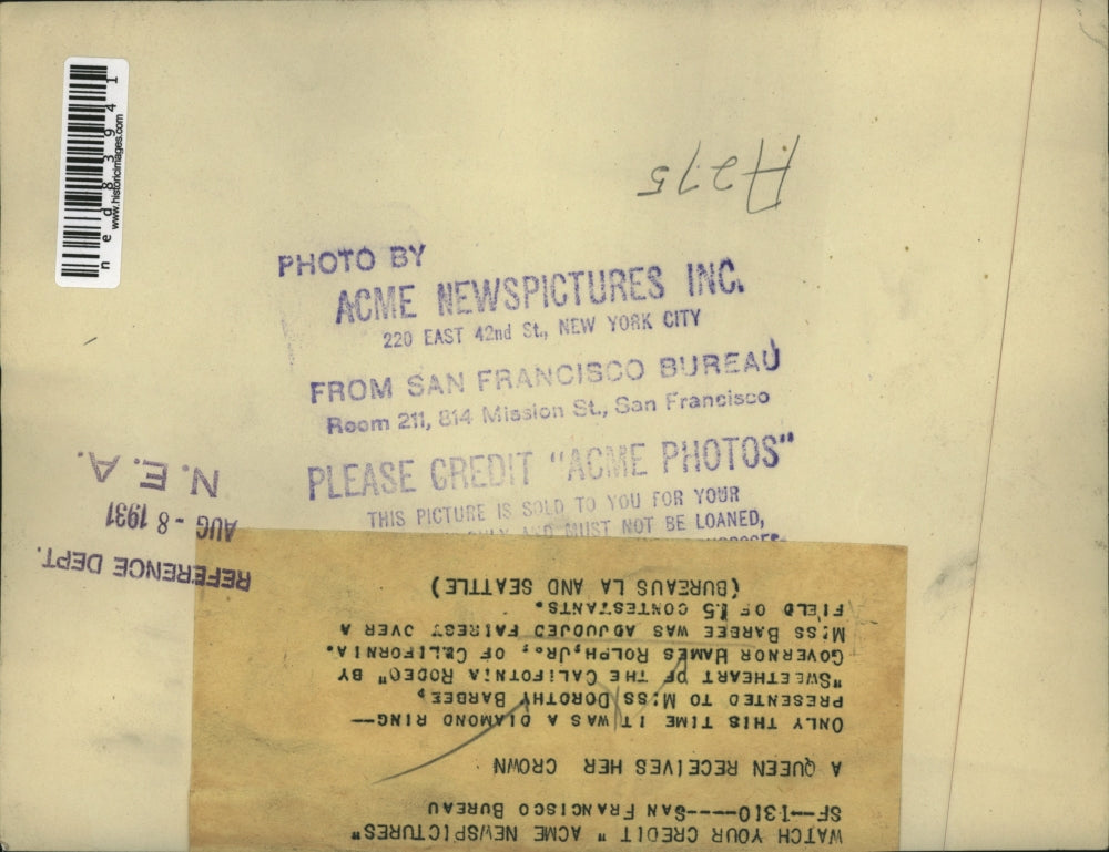 1931 Press Photo Miss Dorothy Barbee and Governor James Rolph Jr.