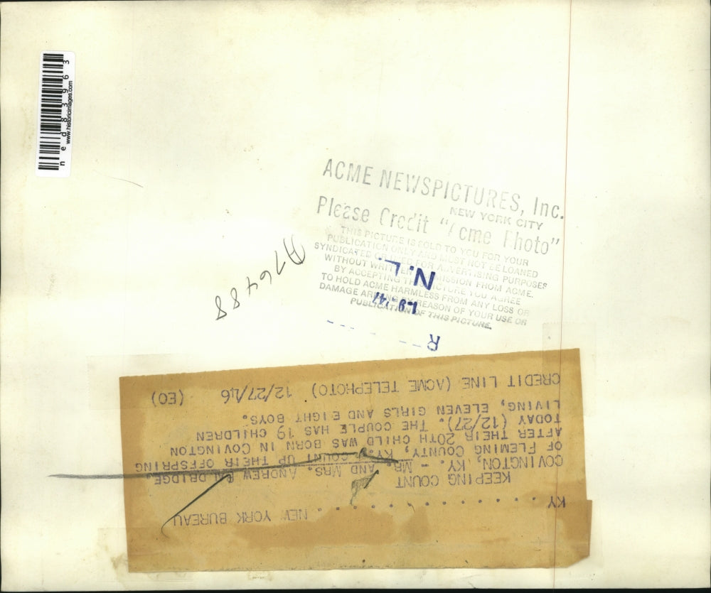 1946 Press Photo Mr. and Mrs. Andrew Baldridge after Twentieth Child Born