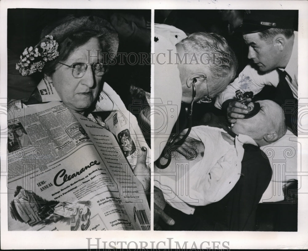 1952 Press Photo Annie McReynolds trying to Keep Warm and Van Deldon Faints