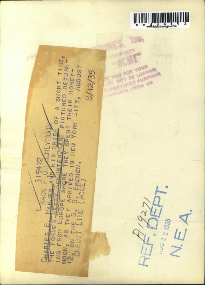 1935 Press Photo Charles Harjes and Betty Schuster, as they arrived in New York.