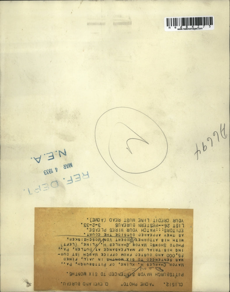 1933 Press Photo Mayor Charles H Kline of Pittsburgh with his attorney Robert