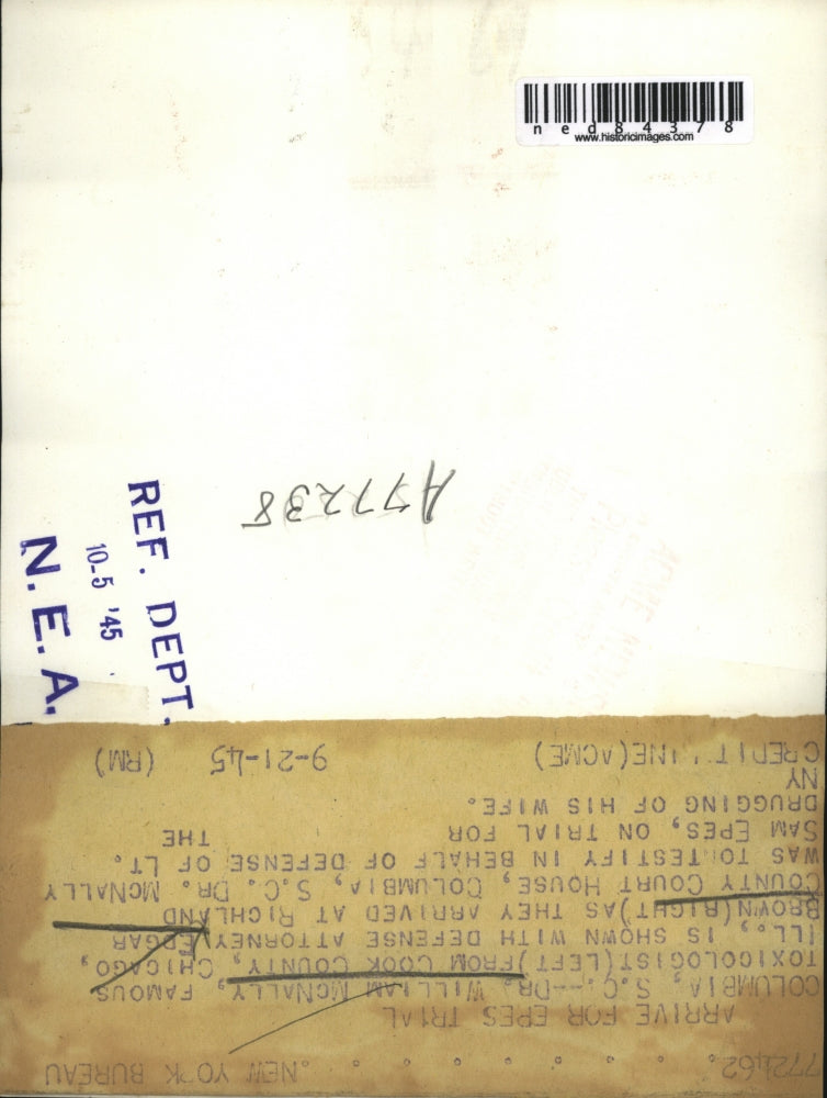 1945 Press Photo Toxicologist Dr. William McNally, Attorney Edgar Brown