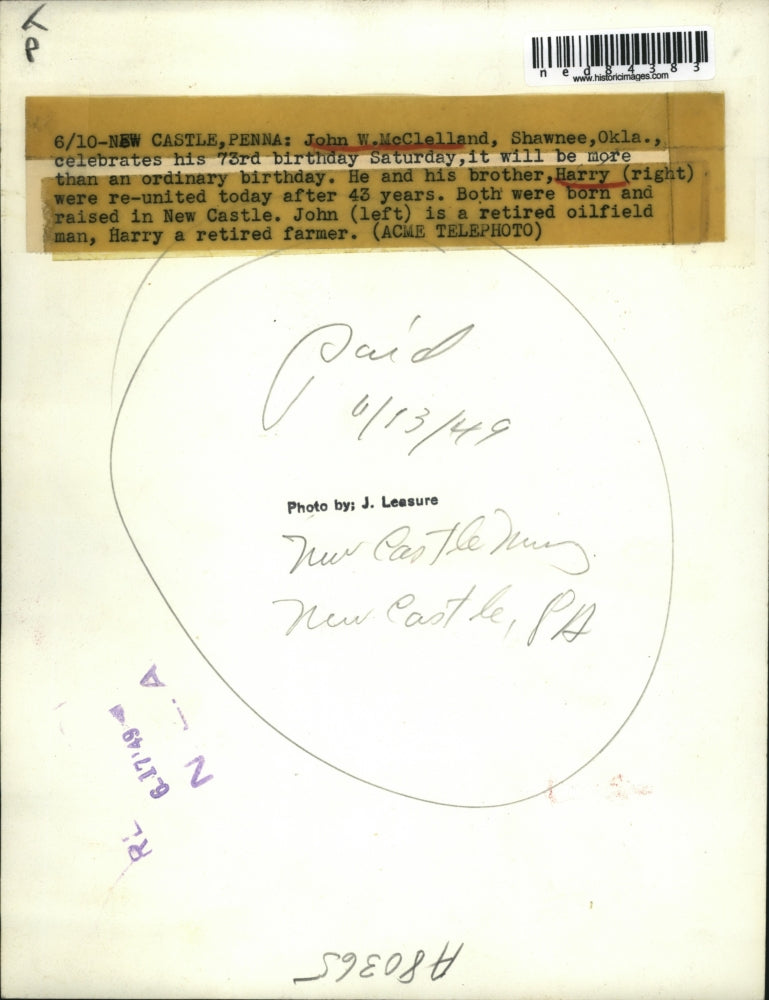 1949 Press Photo John W. McClelland Reunited w Brother Harry after 43 Years