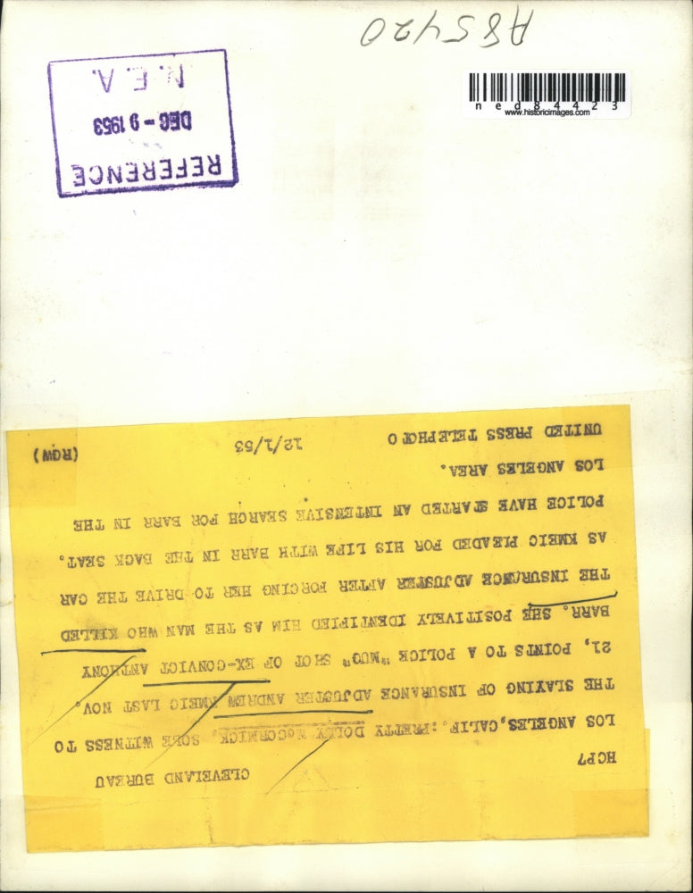 1953 Press Photo Los Angeles California, Dolly McCormick witness slaying Andrew