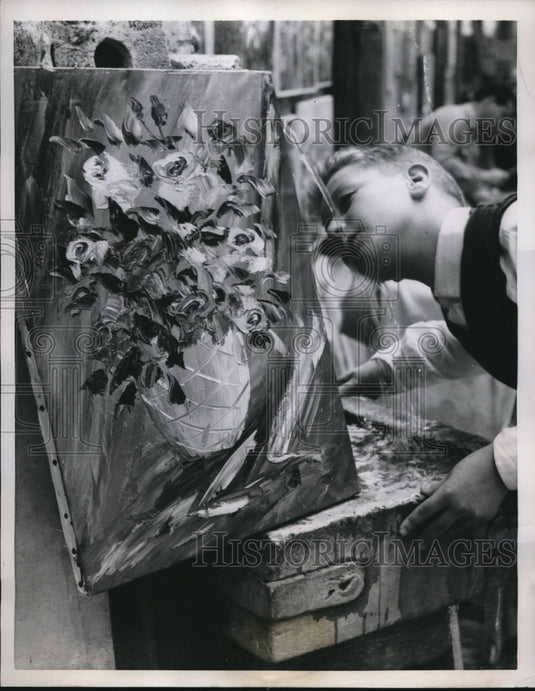 1958 Press Photo Art Painting at Fountain at Art show in Quarter of Rome.