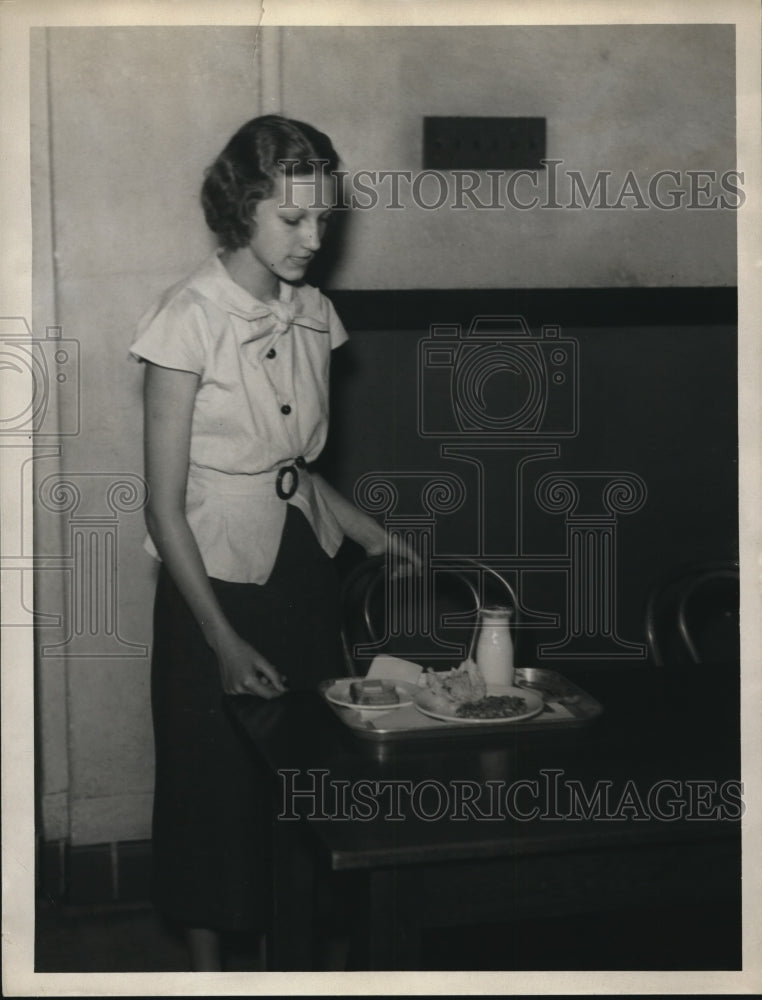 Load image into Gallery viewer, 1936 Press Photo Mildred Karlilz serves Spanish Rice,Veg.Salad and Milk
