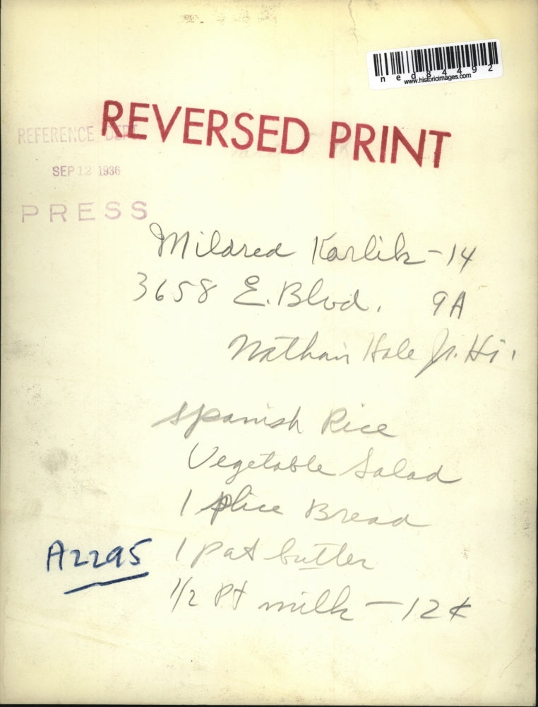 1936 Press Photo Mildred Karlilz serves Spanish Rice,Veg.Salad and Milk