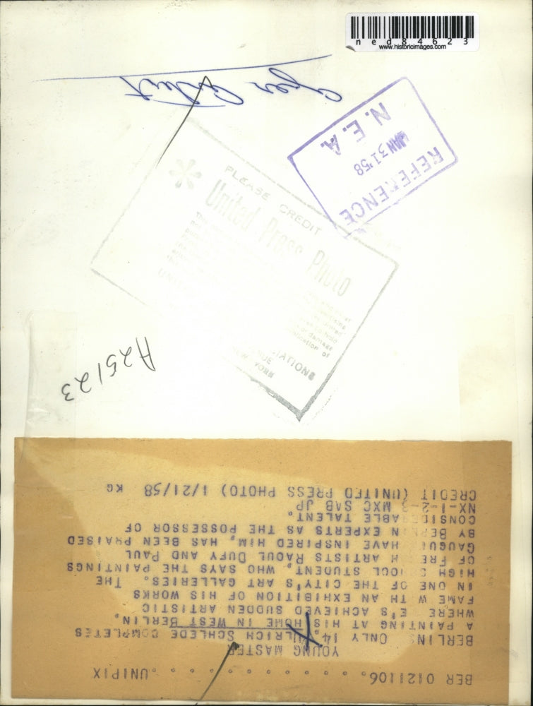 1958 Press Photo 14-Year-Old German Painter / Artist Ulrich Schlede, Berlin