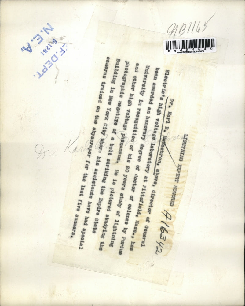 1941 Press Photo Dr.Karl B.McEaschron Director of General Electric High Voltage