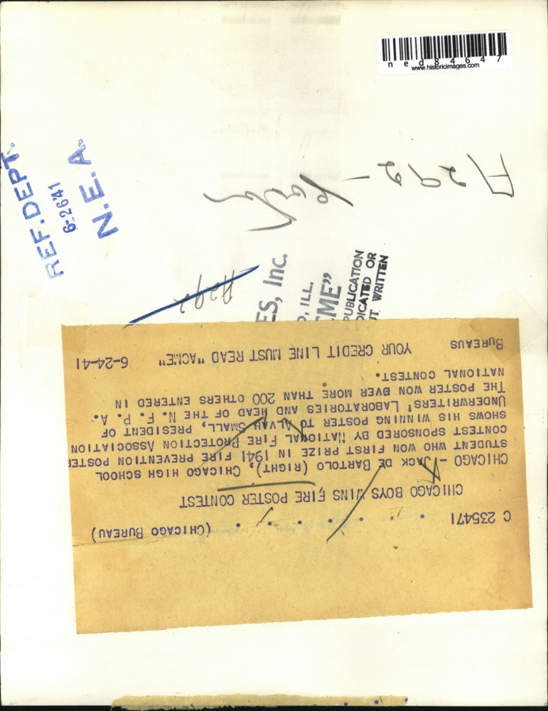 1941 Press Photo Chicago Jack de Bartolo & Natl Fire Protection poster