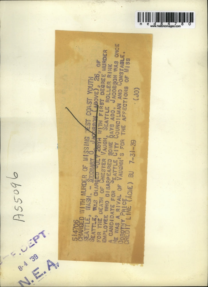 Load image into Gallery viewer, 1939 Press Photo Stewart Jacobson charged with murder of Chester Vaugh
