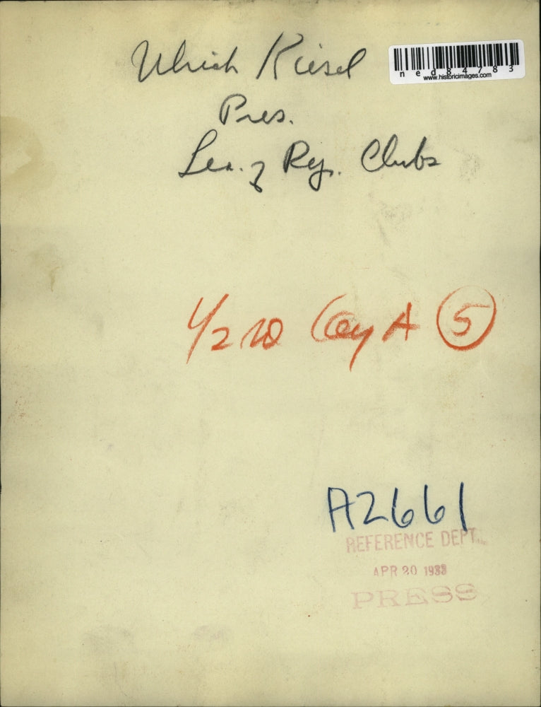 1933 Press Photo Ulrish Kiesel, Pres., Les of Rej. Club