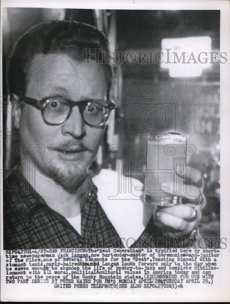 1958 Press Photo Newsman Jack Langan, now bartender, MC & janitor of The Place- Historic Images