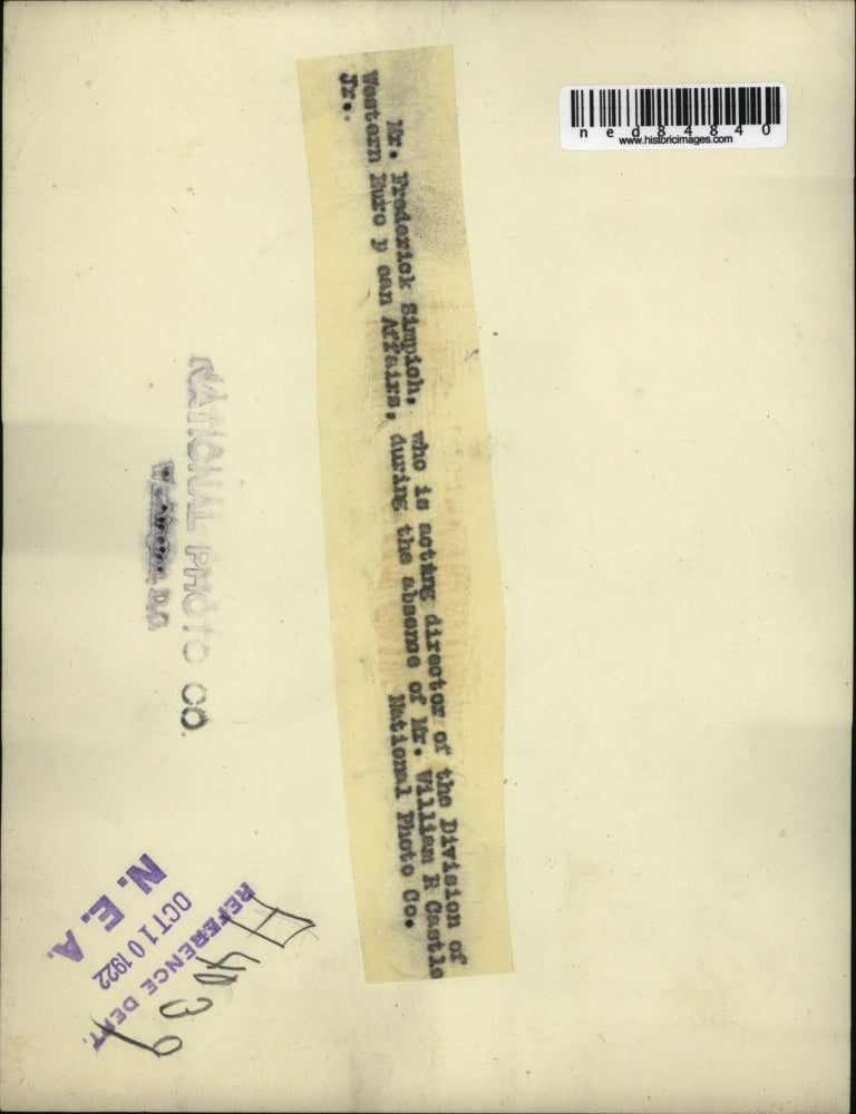 1922 Press Photo Frederick SimpichDiv of Western Bureau Affairs