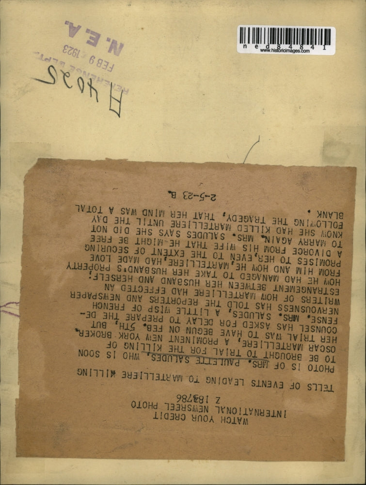 1923 Press Photo Mrs Paulette Saludes trial for killing O Martelliere in NY