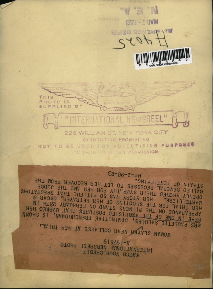 1923 Press Photo Mrs Paulette Saludes tried for murder of O Martelliere in NY