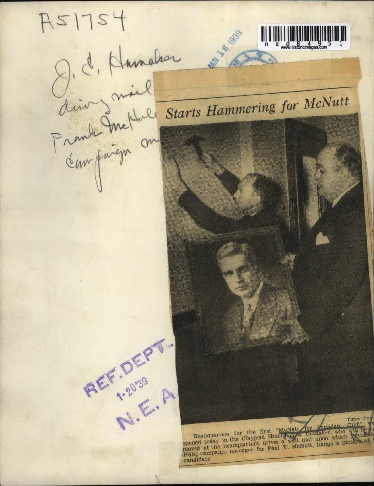 1939 Press Photo Headquarter for first "McNutt for President Club"