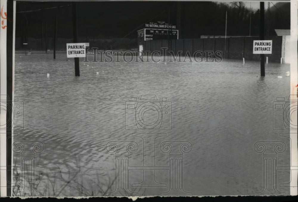 1957 Press Photo Water Covering Baseball Park Lot After Two Day Rain