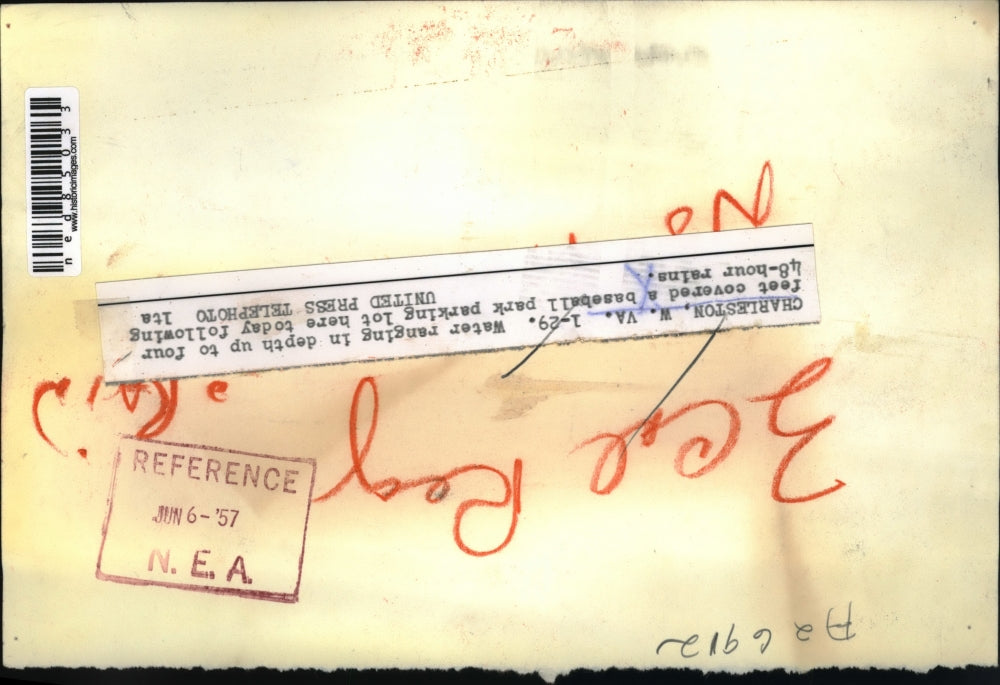 1957 Press Photo Water Covering Baseball Park Lot After Two Day Rain