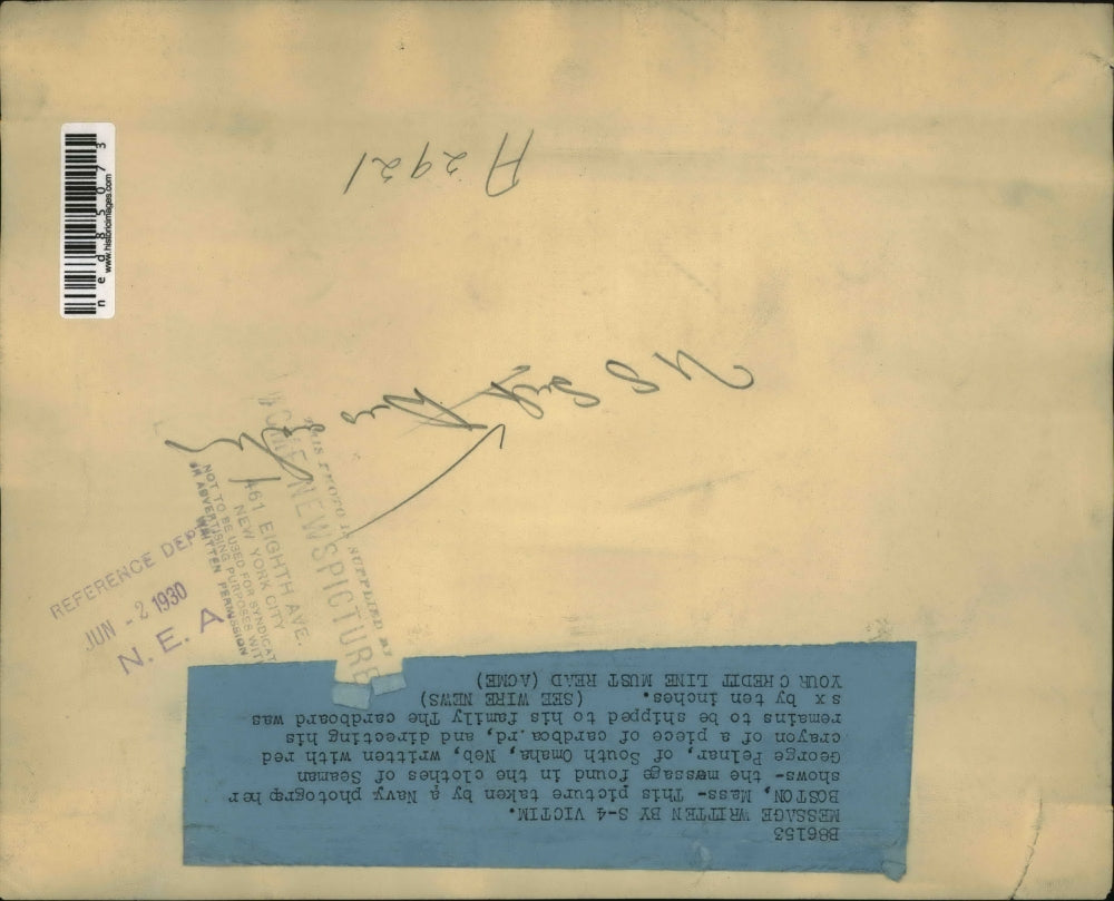 1930 Press Photo Message Found in Clothes of Seaman George Pelnar