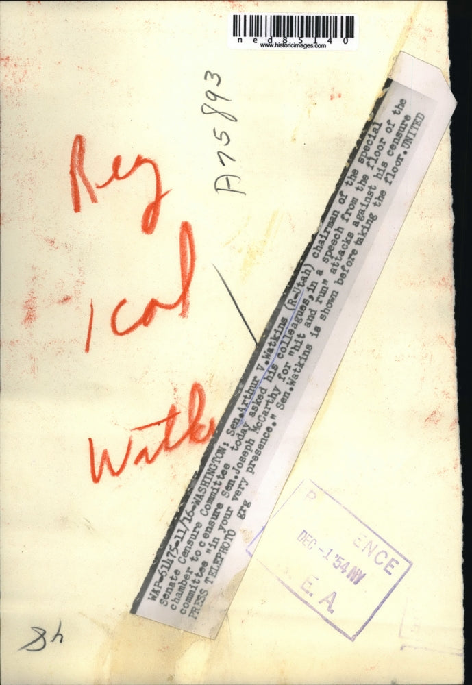 1954 Press Photo Washington Sen.Arthur D Watkins Chairman of the Senate Censure