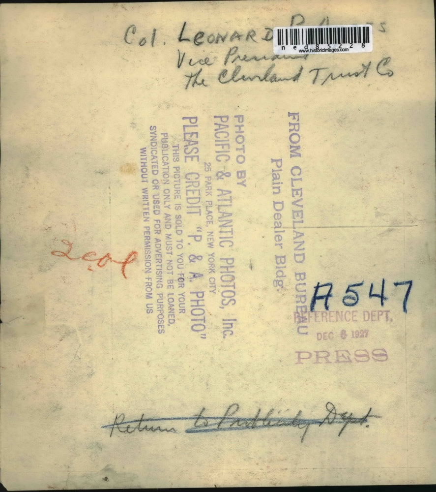 1927 Press Photo Col. Leonard Vice President The Clinland Trust Co.