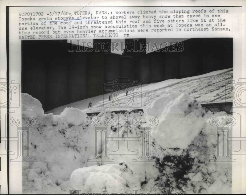 1960 Press Photo Snow Caved in Roof of Grain Storage Elevator in Kansas