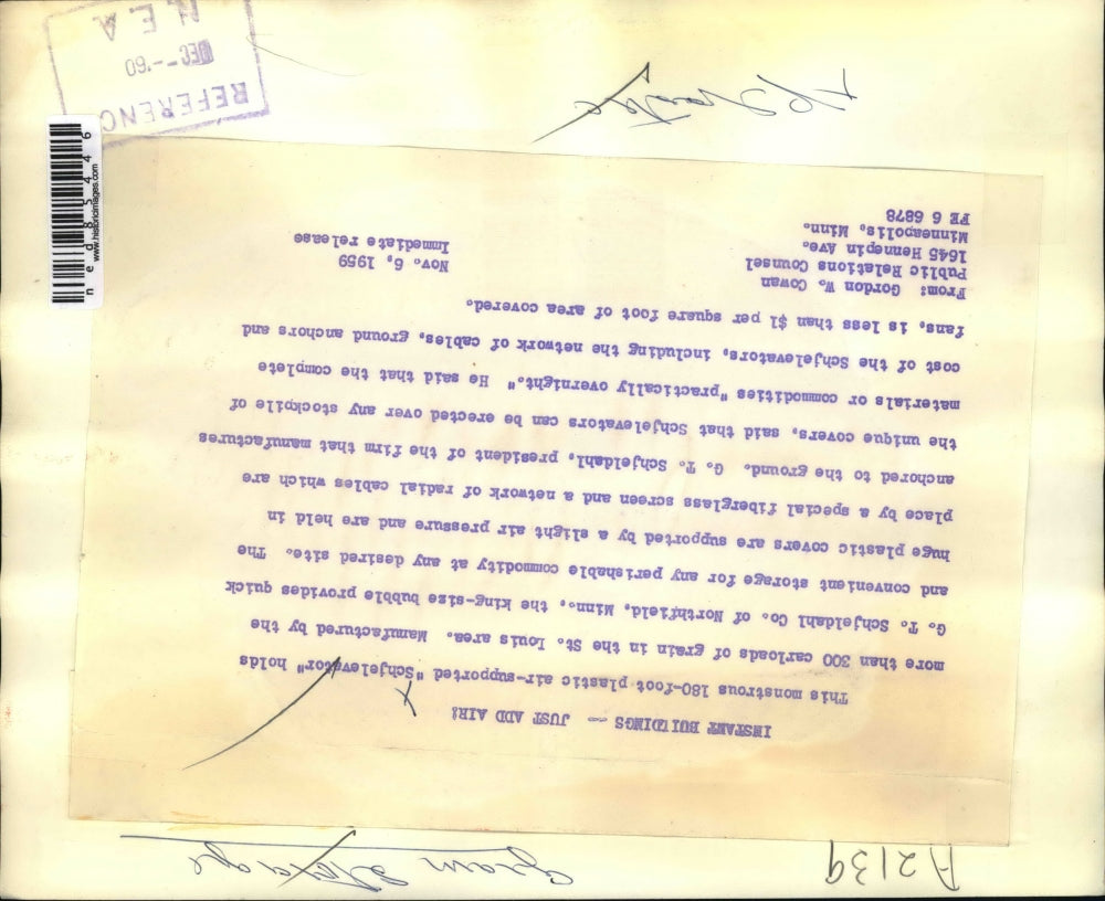 1959 Press Photo 180 foot Plastic Air-Supported Grain Elevator in St. Louis