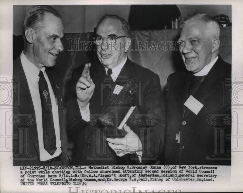 Load image into Gallery viewer, 1954 Press Photo Bishop Bromley Oxnam,Dr.W.A. Visser't and Dr.George K,A, Bell
