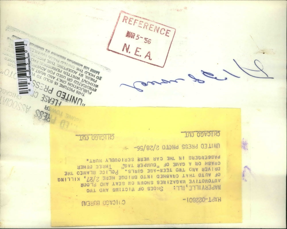 1956 Press Photo Wreckage of an auto crashing into a bridge killing 3 people