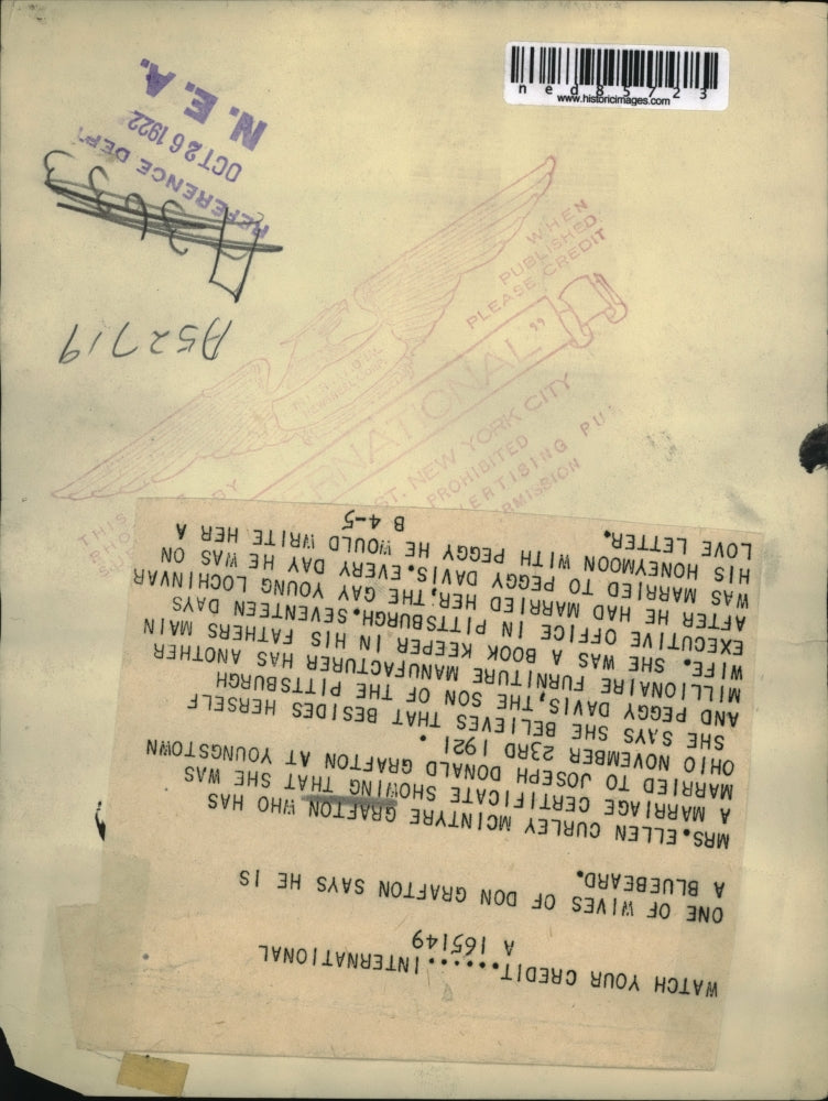 1922 Press Photo Mrs. Ellen Curley McIntyre Grafton, acclaimed wife of Grafton