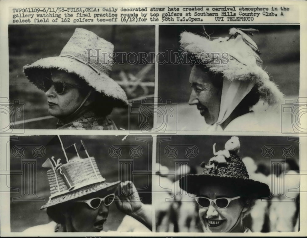 1958 Press Photo Tulsa Okla Fashion hats on spectators at golf tourney