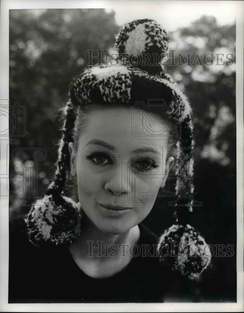 Load image into Gallery viewer, 1962 Press Photo Pillbox Hat Topped with Large Pompom and Side Pompoms
