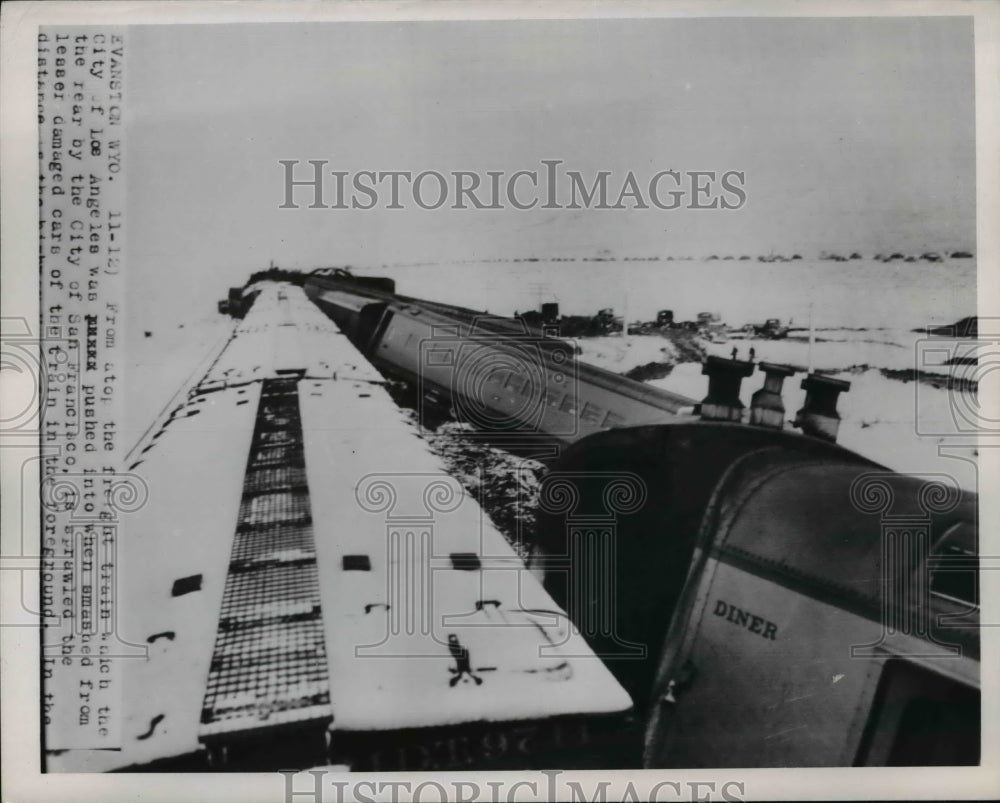1951 Press Photo Vanston Wyo freight train smashed from tracks by train