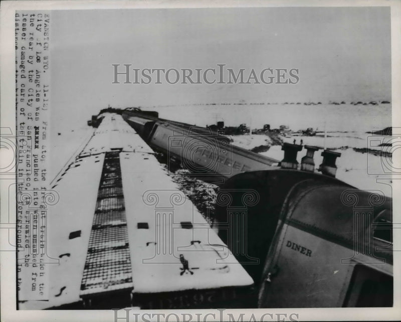 Load image into Gallery viewer, 1951 Press Photo Vanston Wyo freight train smashed from tracks by train
